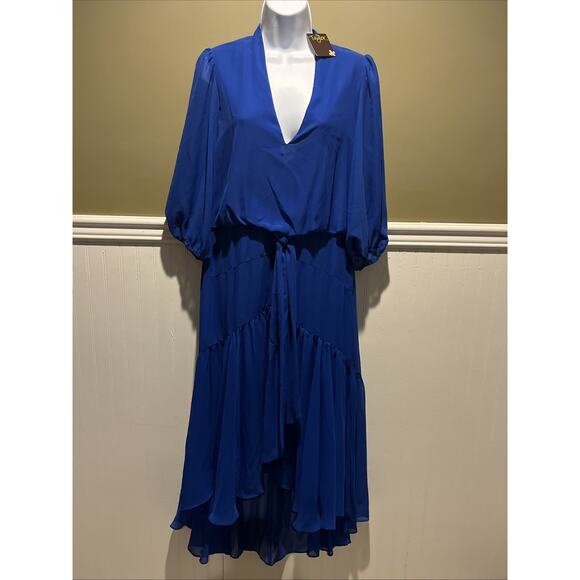 Taylor Royal Blue Azure Chiffon V neck High Low Midi Dress Medium - Picture 1 of 9